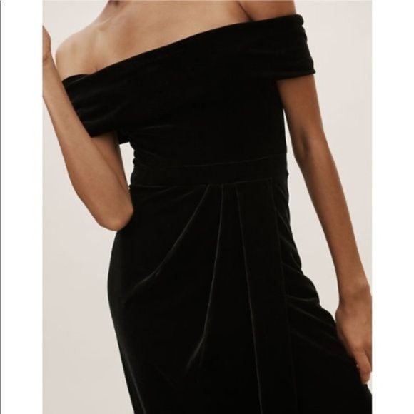 BHLDN Edison Black Velvet Tulip Off The Shoulder Midi Dress - Size 0 - Picture 2 of 6